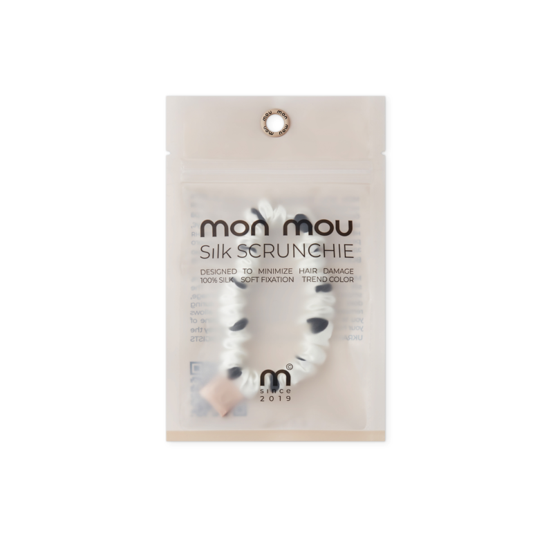 Тонкая шелковая резинка белая в черный горох Mon Mou SILK SLIM SCRUNCHIE BLACK POINT
