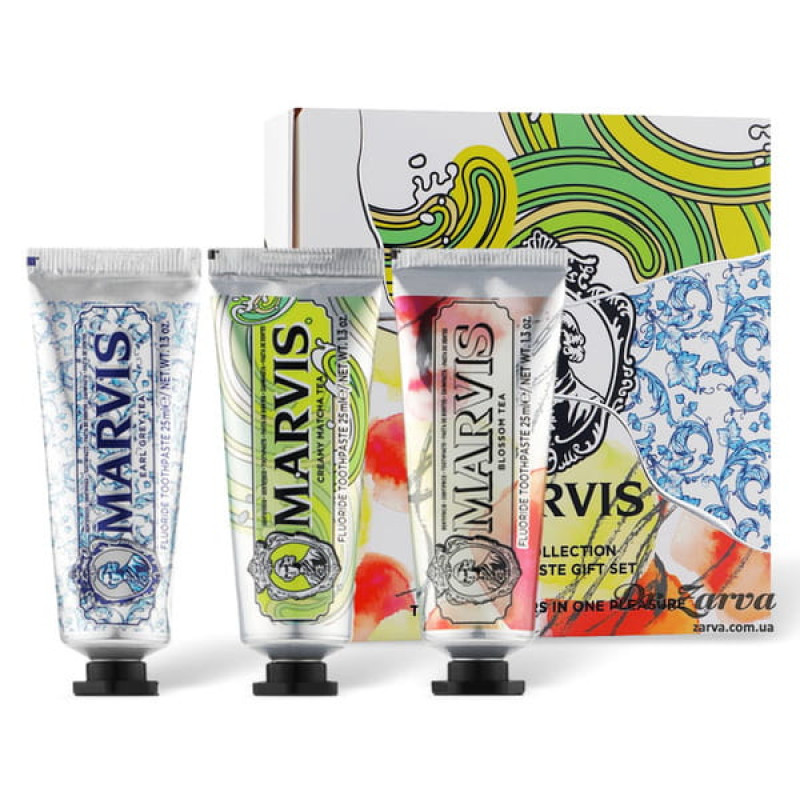 Подарочный набор с зубными пастами Marvis Tea Collection Kit с тремя вкусами ( Цветение Чая, Английский чай с бергамотом, Чай матча) 3*25 ml